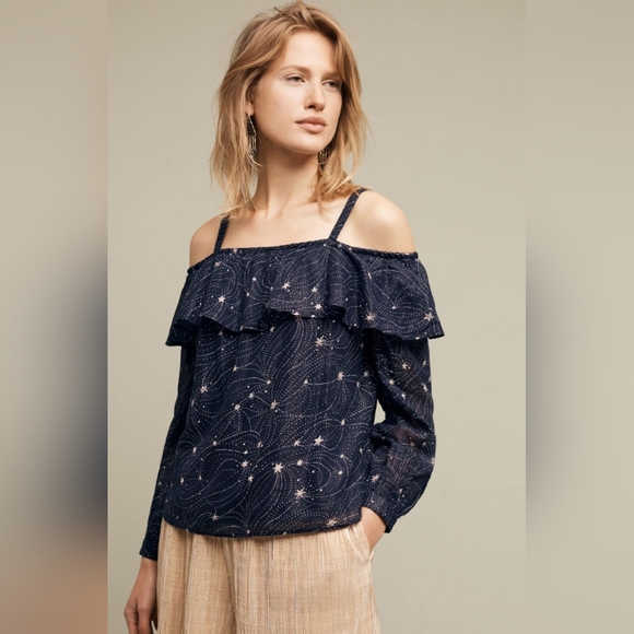 Anthropologie Floret Starlit Off-The-Shoulder Top in BLUE MOTIF - Picture 1 of 9